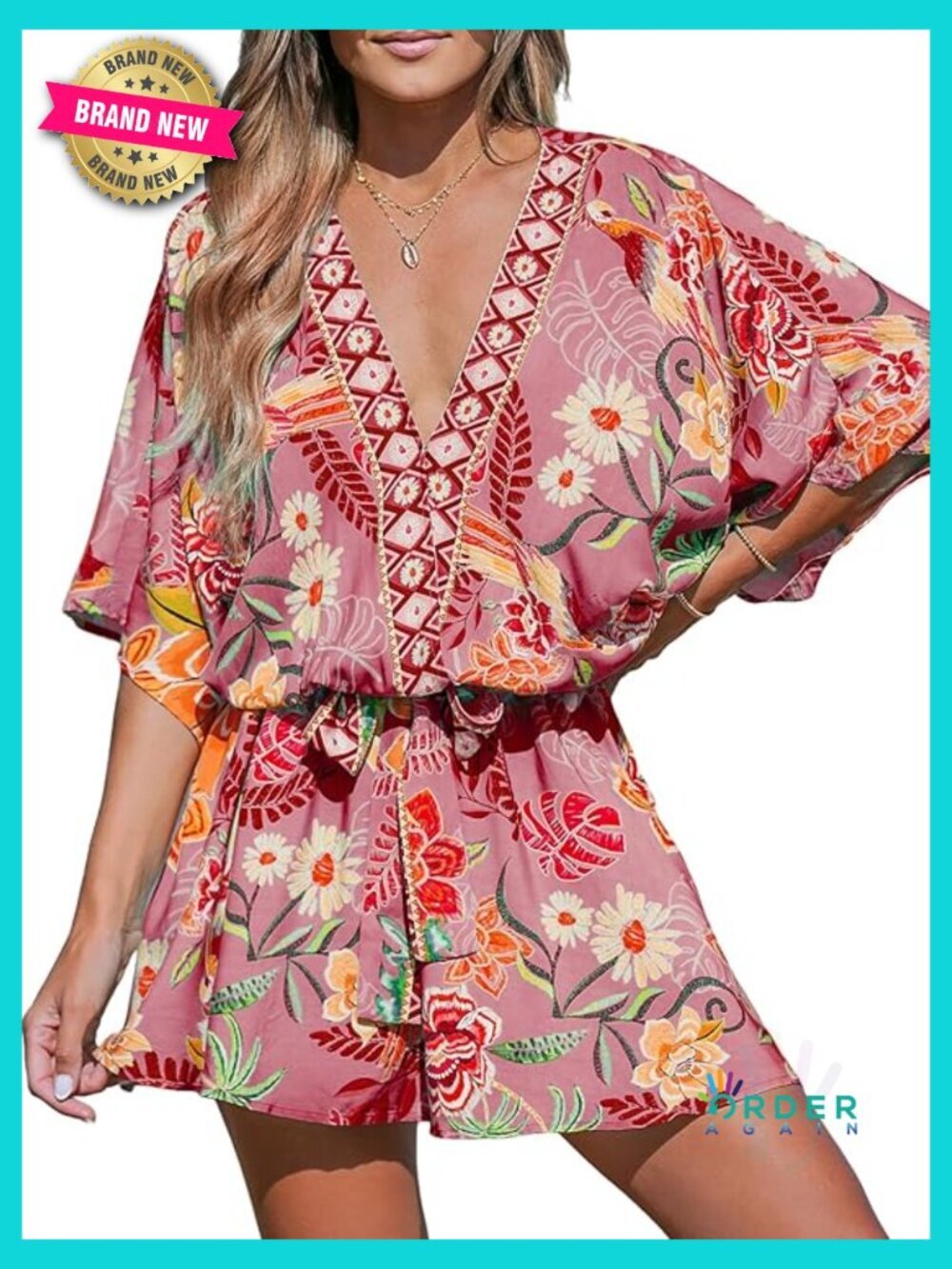 Mini Dress V Neck Floral Half Dolman Sleeve Belted Loose Fit Summer Beach Dress